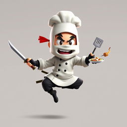 An animated character representing a ninja chef with a katana in one hand and kitchen utensils in the other