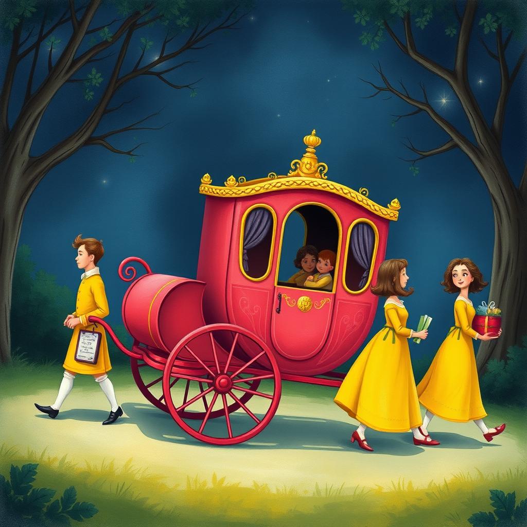 Create a children's book illustration featuring a bright watermelon-colored sedan chair carried by four servants dressed in yellow, wearing 1700s French clothing