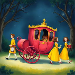 Create a children's book illustration featuring a bright watermelon-colored sedan chair carried by four servants dressed in yellow, wearing 1700s French clothing