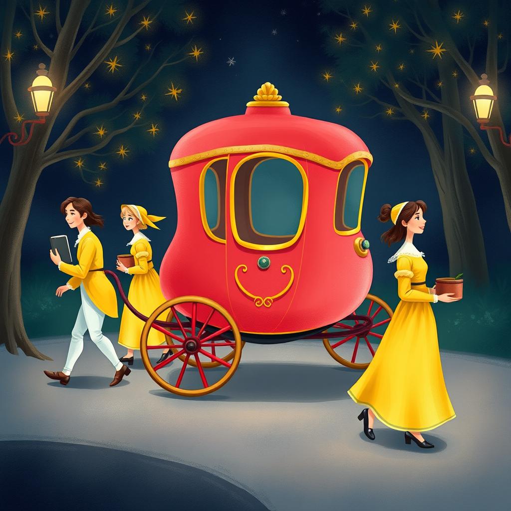 Create a children's book illustration featuring a bright watermelon-colored sedan chair carried by four servants dressed in yellow, wearing 1700s French clothing