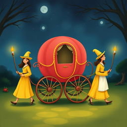 Create a children's book illustration featuring a bright watermelon-colored sedan chair carried by four servants dressed in yellow, wearing 1700s French clothing