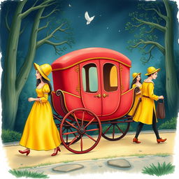 Create a children's book illustration featuring a bright watermelon-colored sedan chair carried by four servants dressed in yellow, wearing 1700s French clothing