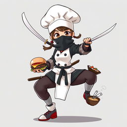 An animated character representing a female ninja chef with a katana in one hand and kitchen utensils in the other