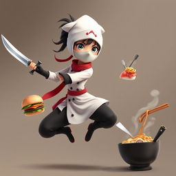 An animated character representing a female ninja chef with a katana in one hand and kitchen utensils in the other