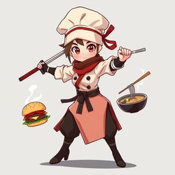 An animated character representing a female ninja chef with a katana in one hand and kitchen utensils in the other