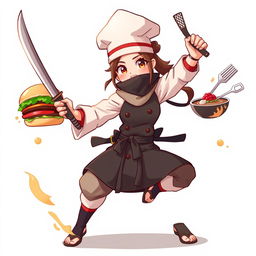 An animated character representing a female ninja chef with a katana in one hand and kitchen utensils in the other