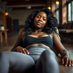 A beautiful dark-skinned woman lying down in a college setting, wearing yoga pants and blushing