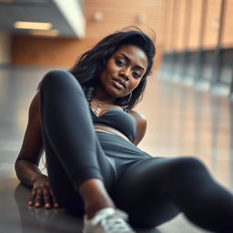 A beautiful dark-skinned woman lying down in a college setting, wearing yoga pants and blushing