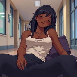 A beautiful dark-skinned woman in a college setting, wearing yoga pants, blushing and laid down in an anime style