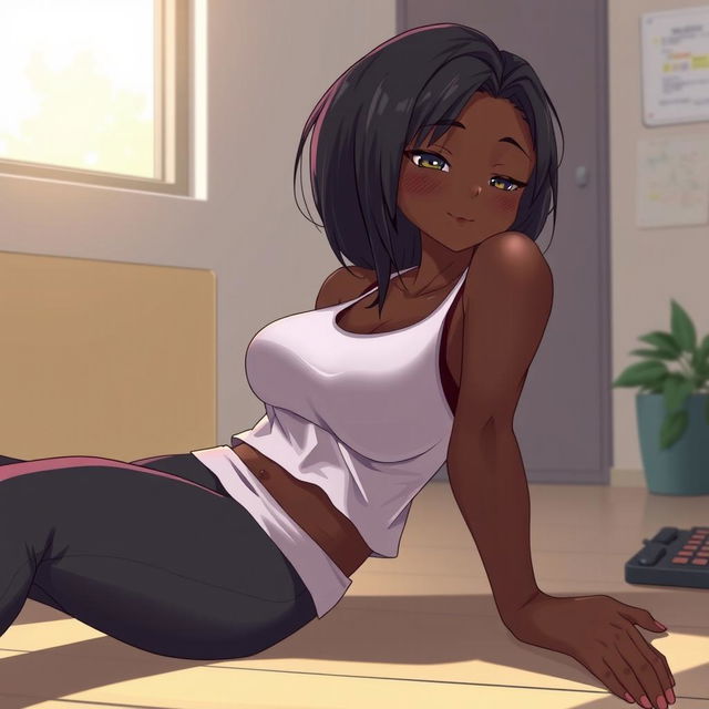 A beautiful dark-skinned woman in a college setting, wearing yoga pants, blushing and laid down in an anime style