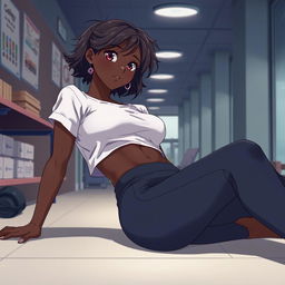 A beautiful dark-skinned woman in a college setting, wearing yoga pants, blushing and laid down in an anime style