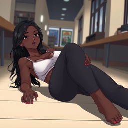 A beautiful dark-skinned woman in a college setting, wearing yoga pants, blushing and laid down in an anime style