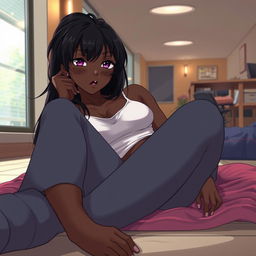 A beautiful dark-skinned woman in a college setting, wearing yoga pants, blushing and laid down in an anime style