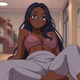 A beautiful dark-skinned woman in a college setting, wearing yoga pants, blushing and laid down in an anime style