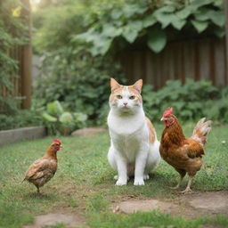 A playful cat and a curious chicken interacting peacefully in a backyard setting, surrounded by greenery.