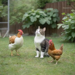 A playful cat and a curious chicken interacting peacefully in a backyard setting, surrounded by greenery.