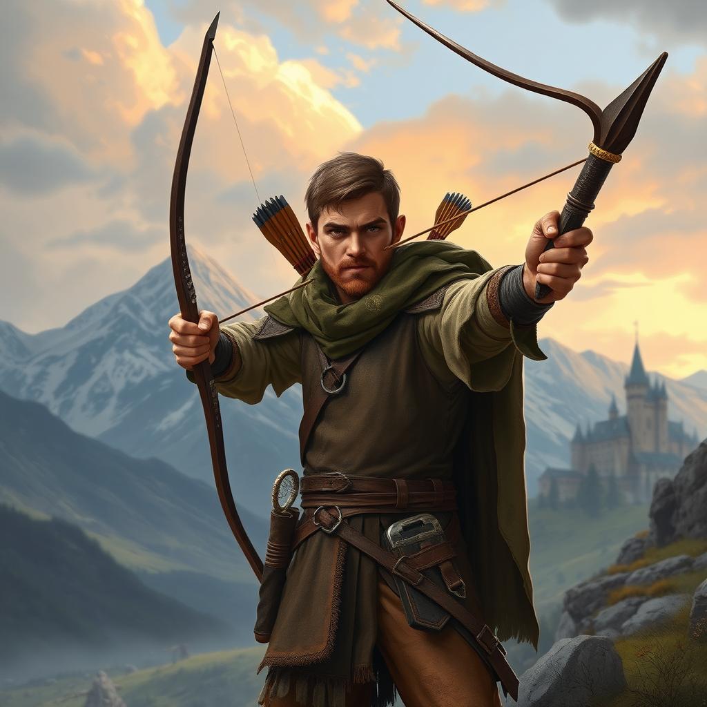 Create an image of a young human archer from Dungeons & Dragons who looks like a hermit