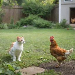 A playful cat and a curious chicken interacting peacefully in a backyard setting, surrounded by greenery.