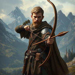 Create an image of a young human archer from Dungeons & Dragons who looks like a hermit