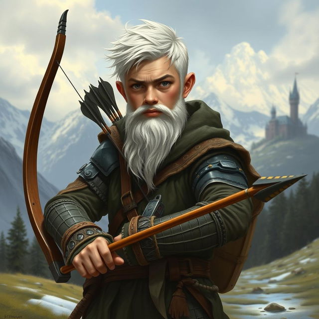 Create an image of a young human archer from Dungeons & Dragons who looks like a hermit