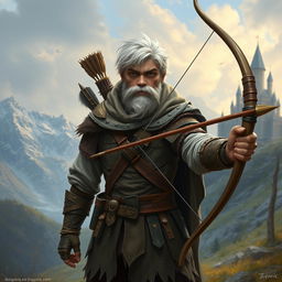 Create an image of a young human archer from Dungeons & Dragons who looks like a hermit