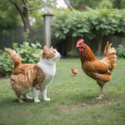 A playful cat and a curious chicken interacting peacefully in a backyard setting, surrounded by greenery.