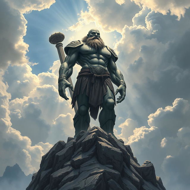 A detailed and powerful depiction of a Goliath, a towering humanoid with stone-like skin, standing proudly on a mountain peak