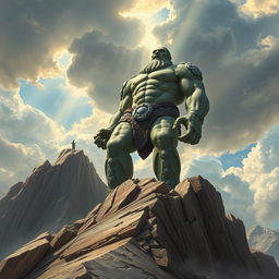 A detailed and powerful depiction of a Goliath, a towering humanoid with stone-like skin, standing proudly on a mountain peak