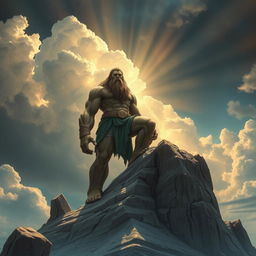 A detailed and powerful depiction of a Goliath, a towering humanoid with stone-like skin, standing proudly on a mountain peak