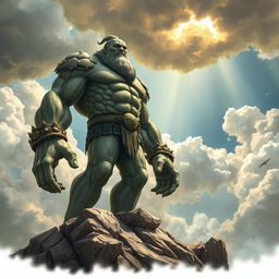 A detailed and powerful depiction of a Goliath, a towering humanoid with stone-like skin, standing proudly on a mountain peak