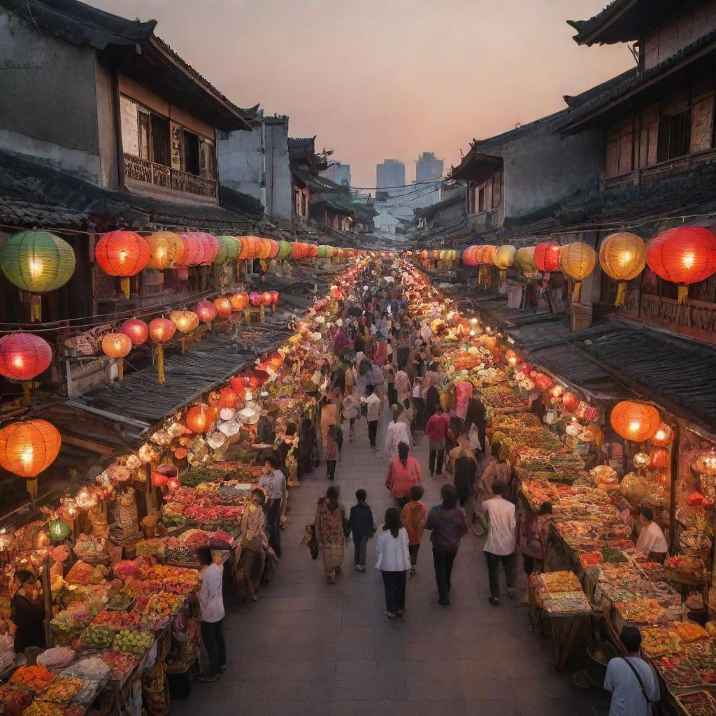 A bustling Asian street scene during a sunset, with colorful lanterns hanging, lively markets with various stalls selling exotic fruits, spices, and street food, and pedestrians in traditional Asian outfits.