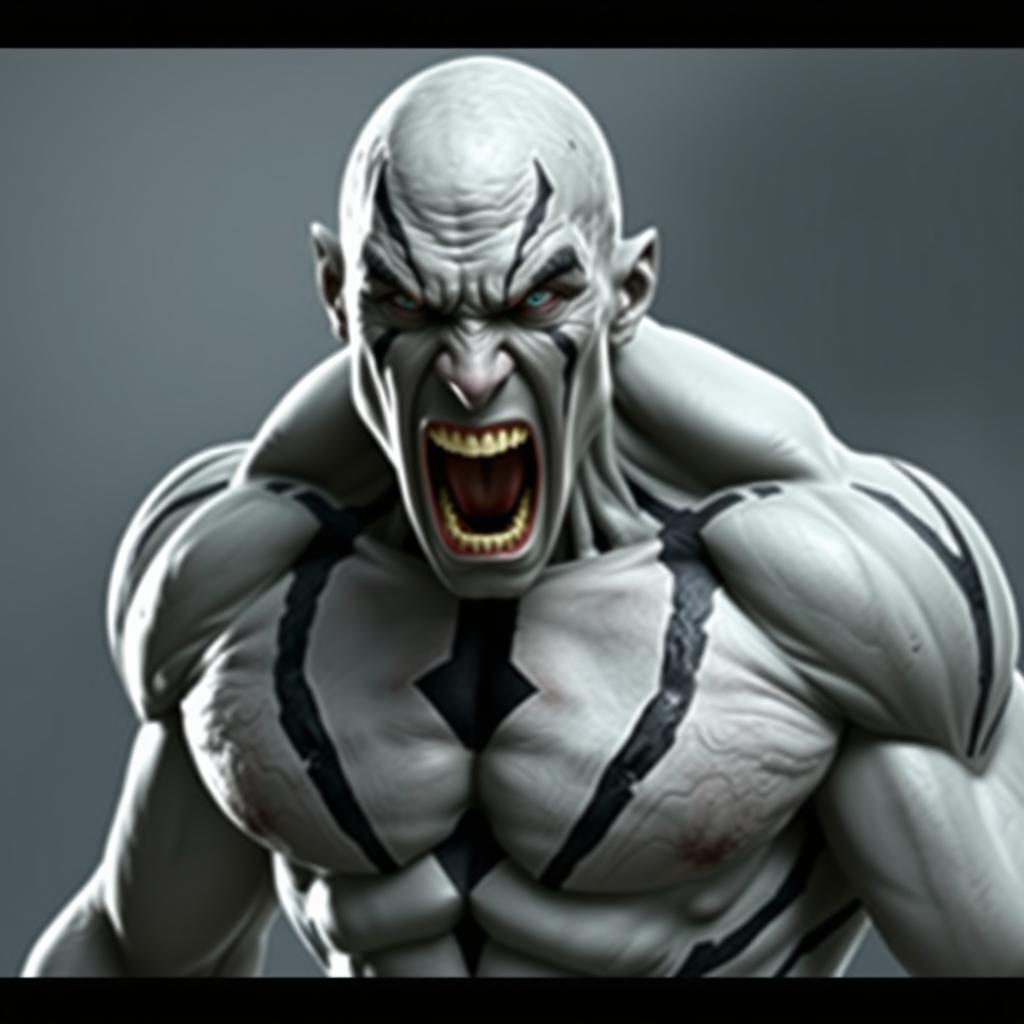 A high quality, realistic image of a tall, muscular male with light grey skin