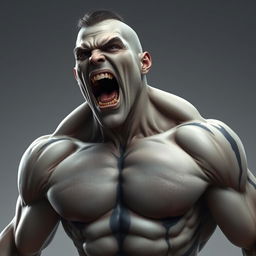 A high quality, realistic image of a tall, muscular male with light grey skin