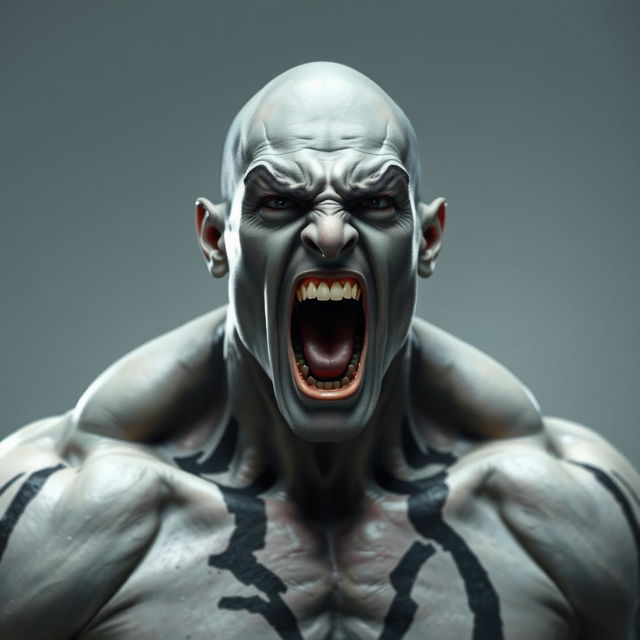 A high quality, realistic image of a tall, muscular male with light grey skin