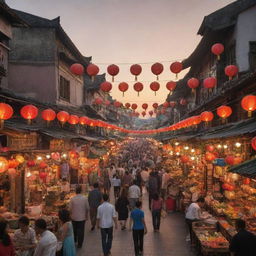 A bustling Asian street scene during a sunset, with colorful lanterns hanging, lively markets with various stalls selling exotic fruits, spices, and street food, and pedestrians in traditional Asian outfits.