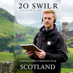 A novel cover featuring a 20-year-old Australian man working as a production assistant on a feature film set in Scotland