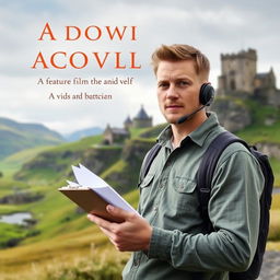 A novel cover featuring a 20-year-old Australian man working as a production assistant on a feature film set in Scotland