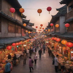 A bustling Asian street scene during a sunset, with colorful lanterns hanging, lively markets with various stalls selling exotic fruits, spices, and street food, and pedestrians in traditional Asian outfits.