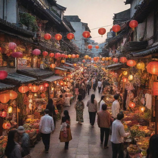 A bustling Asian street scene during a sunset, with colorful lanterns hanging, lively markets with various stalls selling exotic fruits, spices, and street food, and pedestrians in traditional Asian outfits.