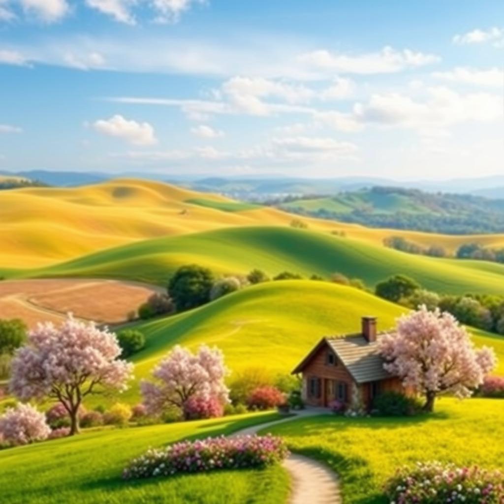 Generate a colorful and vibrant image of a peaceful countryside landscape with rolling hills, a clear blue sky, and a small, cozy cottage surrounded by blooming flowers and trees