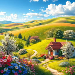 Generate a colorful and vibrant image of a peaceful countryside landscape with rolling hills, a clear blue sky, and a small, cozy cottage surrounded by blooming flowers and trees