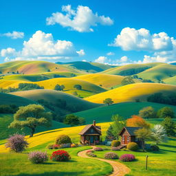 Generate a colorful and vibrant image of a peaceful countryside landscape with rolling hills, a clear blue sky, and a small, cozy cottage surrounded by blooming flowers and trees