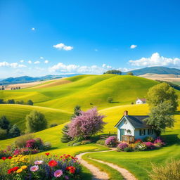 Generate a colorful and vibrant image of a peaceful countryside landscape with rolling hills, a clear blue sky, and a small, cozy cottage surrounded by blooming flowers and trees