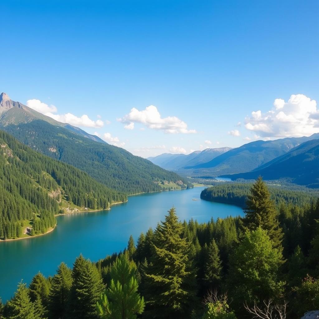 A beautiful landscape featuring a serene lake surrounded by lush green trees and mountains in the background under a clear blue sky with a few fluffy white clouds