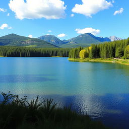 A beautiful landscape featuring a serene lake surrounded by lush green trees and mountains in the background under a clear blue sky with a few fluffy white clouds