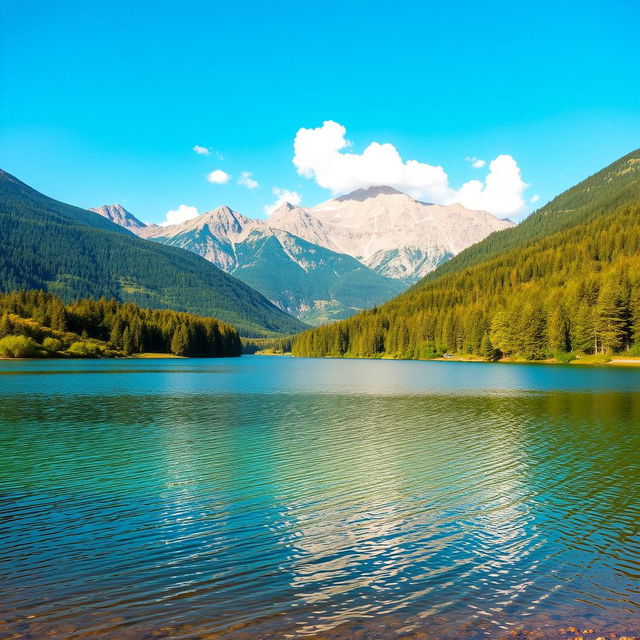 A beautiful landscape featuring a serene lake surrounded by lush green trees and mountains in the background under a clear blue sky with a few fluffy white clouds