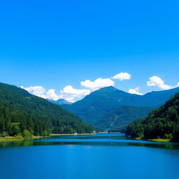 A beautiful landscape featuring a serene lake surrounded by lush green trees and mountains in the background under a clear blue sky with a few fluffy white clouds