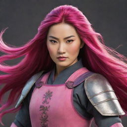 Mulan, the legendary Chinese warrior, with vibrant pink hair flowing, decked out in her typical armor