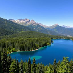 A beautiful landscape with a serene lake surrounded by lush green forests and majestic mountains in the background under a clear blue sky