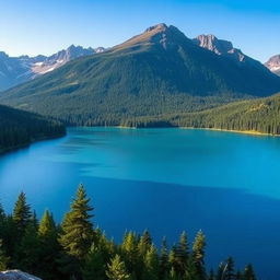 A beautiful landscape with a serene lake surrounded by lush green forests and majestic mountains in the background under a clear blue sky